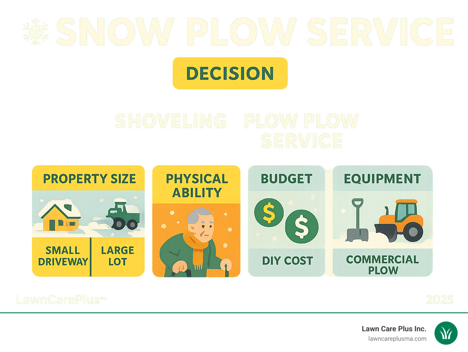 Comprehensive infographic showing the decision matrix for snow removal methods, including property size considerations (small residential driveways vs large commercial lots), physical ability factors (age, health conditions, mobility), budget comparisons between DIY equipment costs and professional service fees, and equipment requirements ranging from basic shovels to commercial-grade plows - snow plow service infographic 