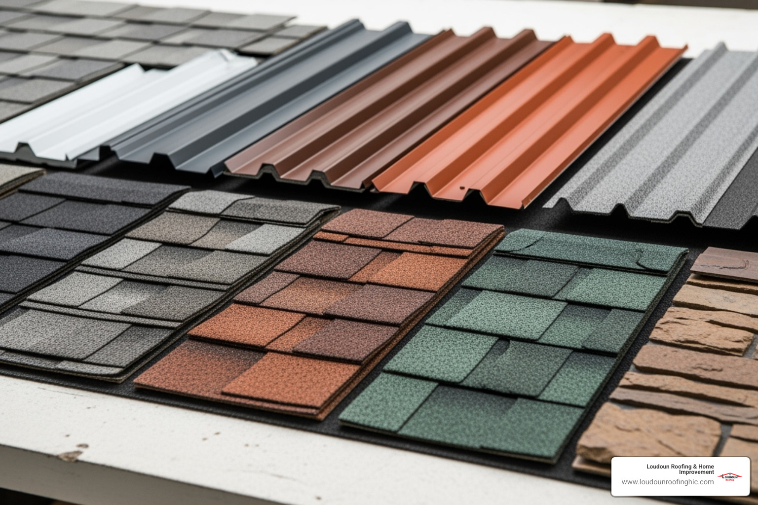 Various roofing material samples like asphalt shingles and metal - roofing company great falls va