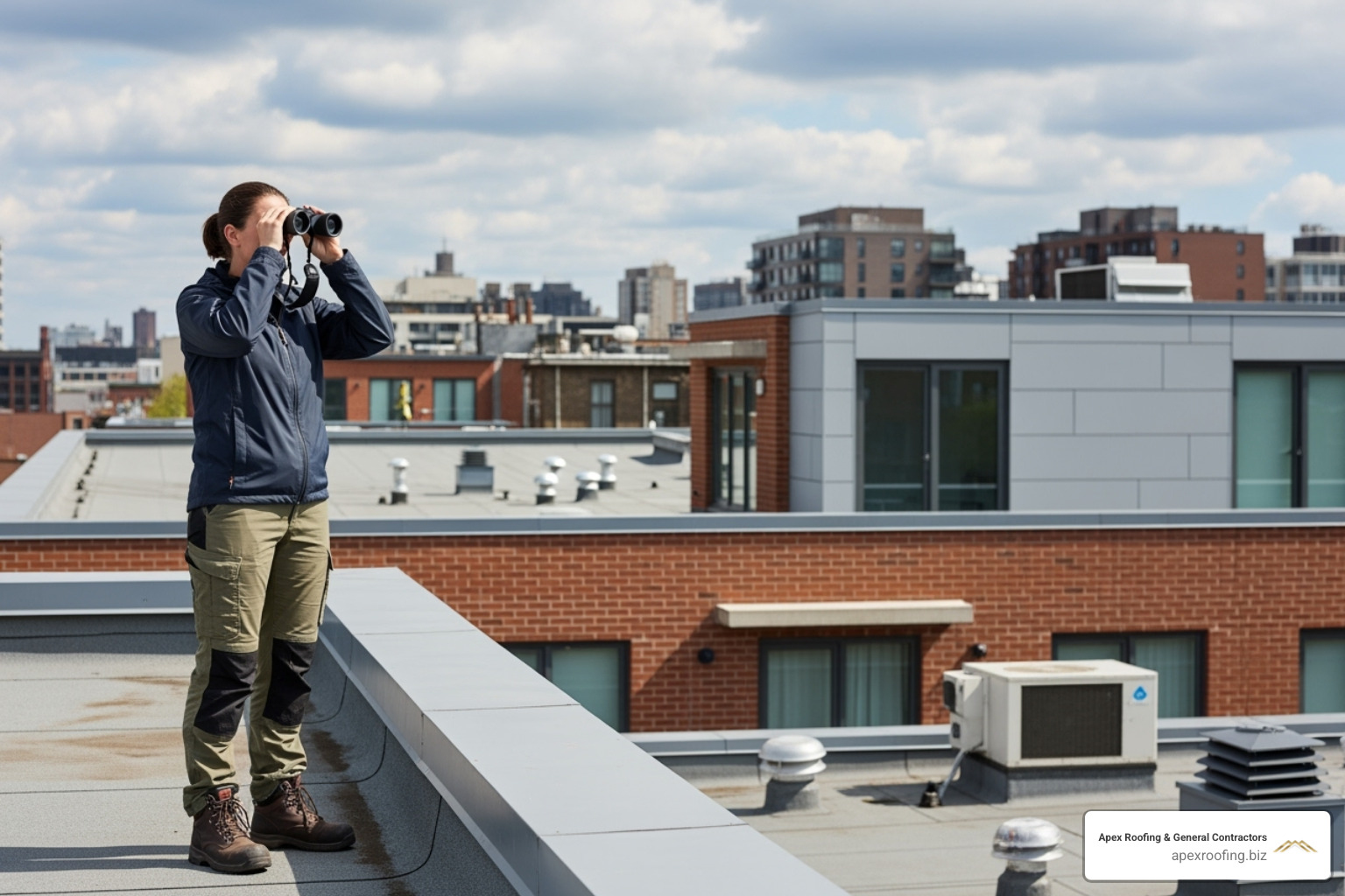 Property manager inspecting a roof with binoculars - Multi-family roof repair