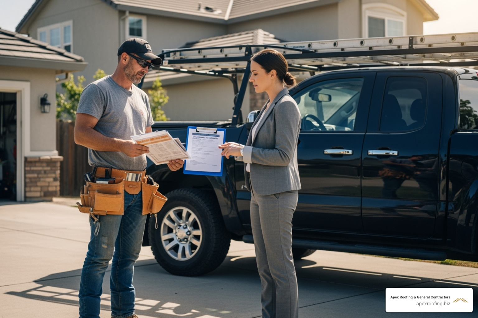 Roofer showing their license and insurance documents to a property manager - Multi-family roof repair