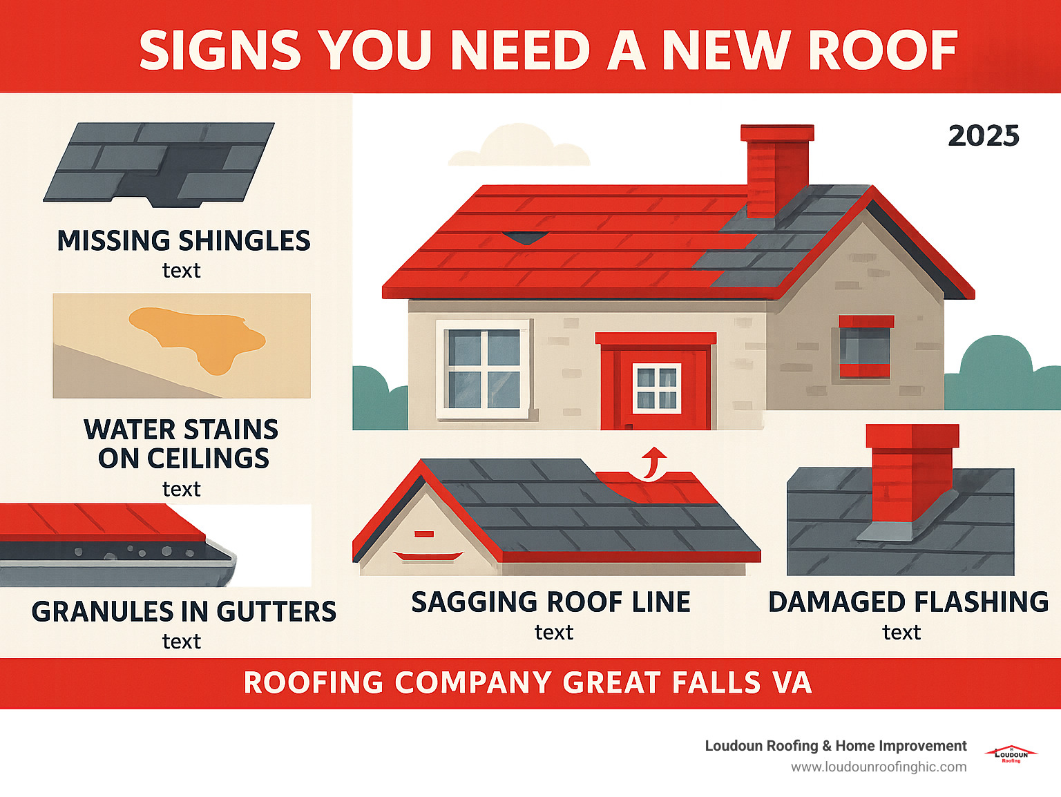 Detailed infographic showing key signs you need a new roof including missing shingles, water stains on ceilings, granules in gutters, sagging roof lines, and damaged flashing around chimneys and vents - roofing company great falls va infographic 