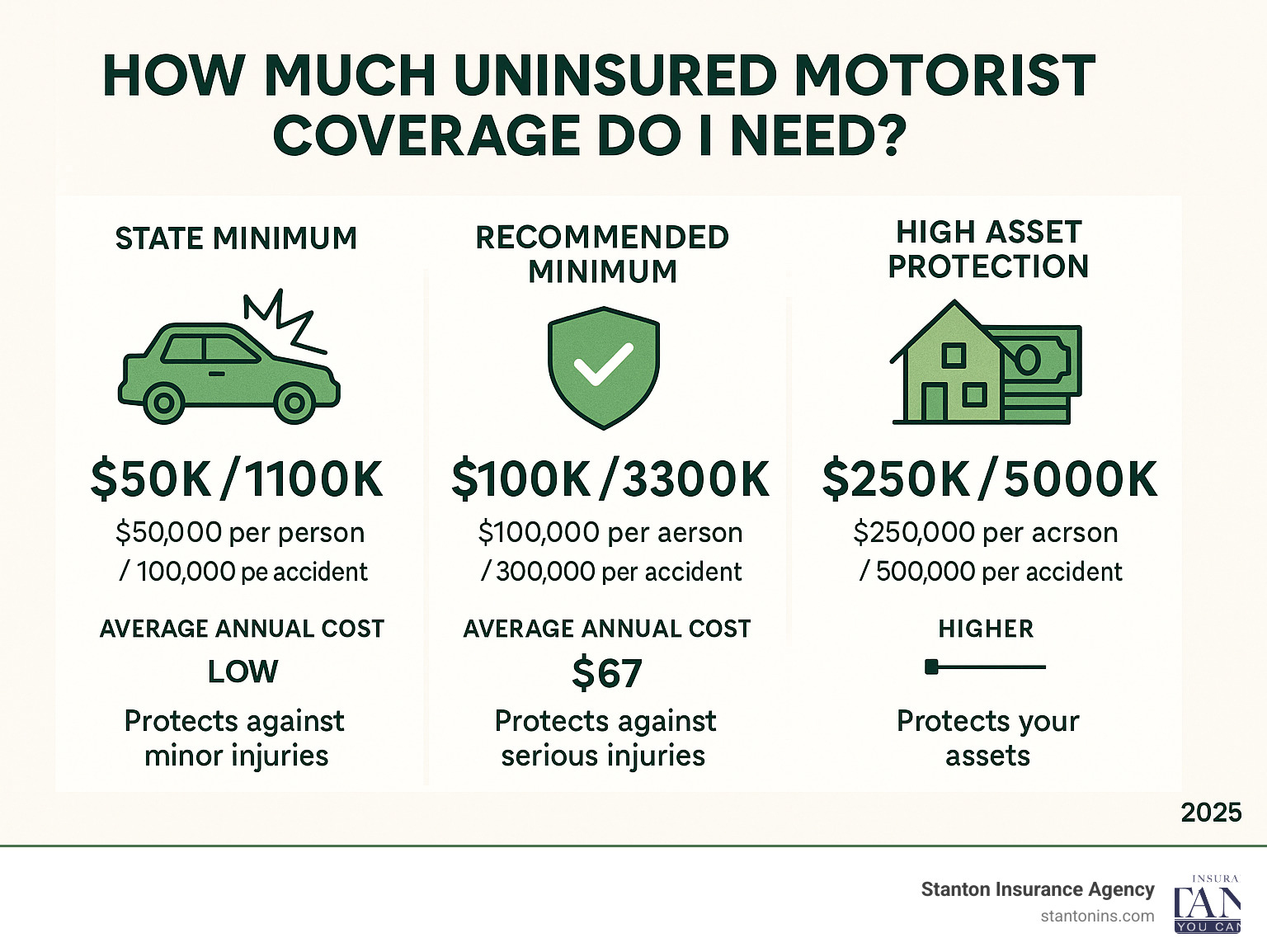 Infographic showing recommended UM coverage amounts: State minimum vs. recommended minimum ($100K/$300K) vs. high asset protection ($250K/$500K), with average annual costs and what each level protects against - how much uninsured motorist coverage do i need infographic 