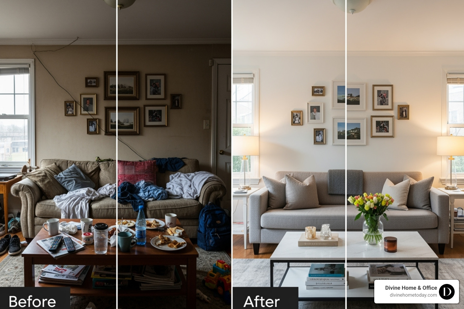 Before and after comparison of a staged room, correcting common mistakes - staging home for sale photos Before and after comparison of a staged room, correcting common mistakes - staging home for sale photos