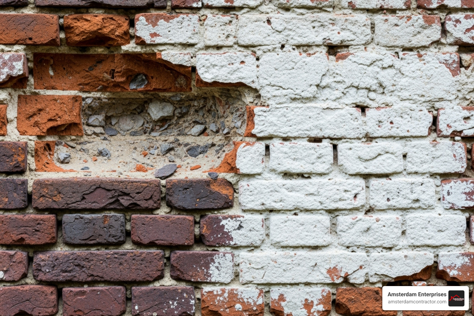 spalling bricks next to a wall with white, powdery efflorescence - masonry repair