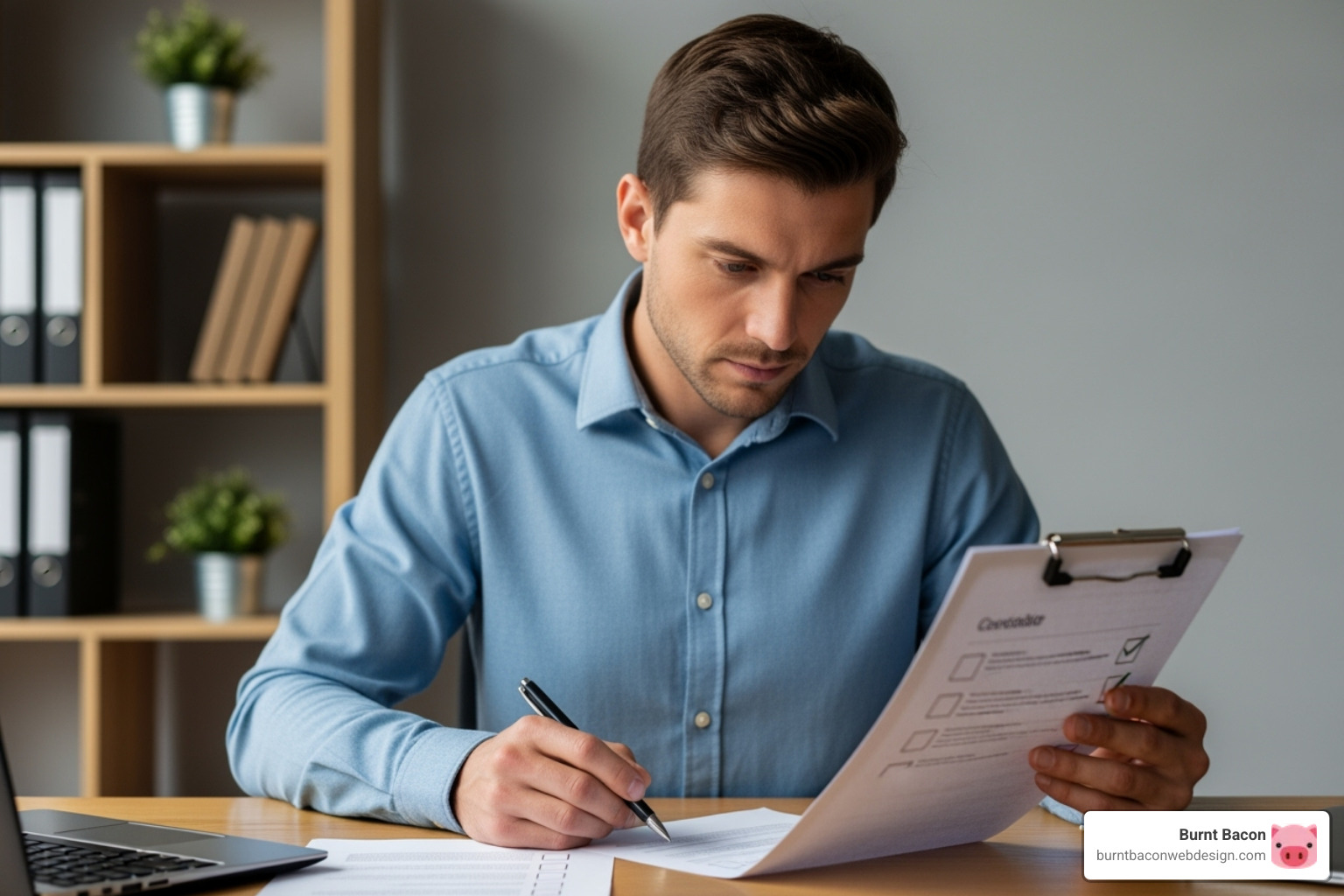 Business owner reviewing a checklist - Shopify support packages Business owner reviewing a checklist - Shopify support packages