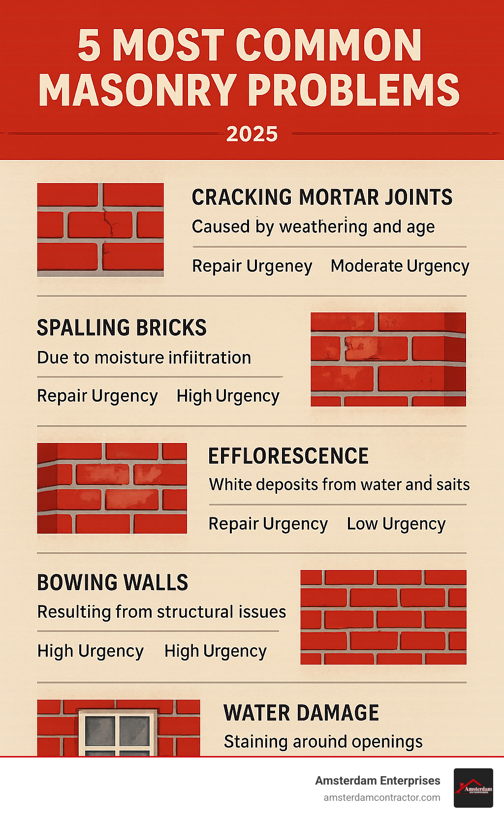 Comprehensive infographic showing the five most common masonry problems homeowners face: cracking mortar joints with deteriorating gray mortar, spalling bricks with flaking surfaces, white efflorescence deposits on red brick walls, bowing walls with visible outward bulging, and water damage stains around window openings, each with brief descriptions of causes and repair urgency levels - masonry repair infographic 