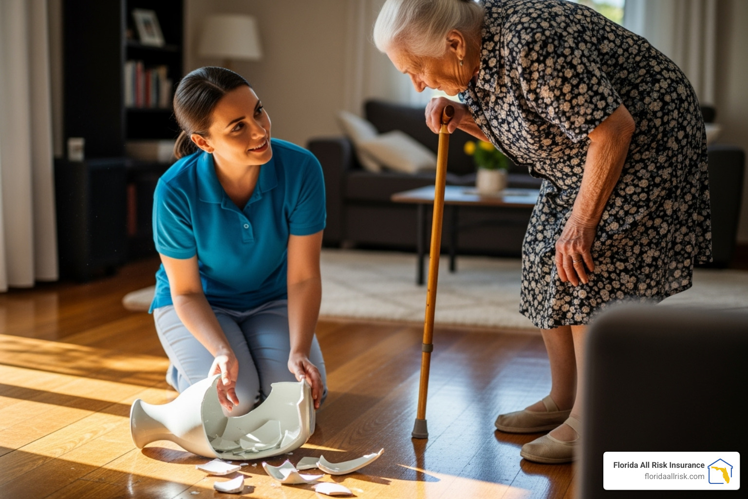 A broken vase on a floor next to a caregiver and a client, illustrating accidental property damage. - general liability insurance for home care agency