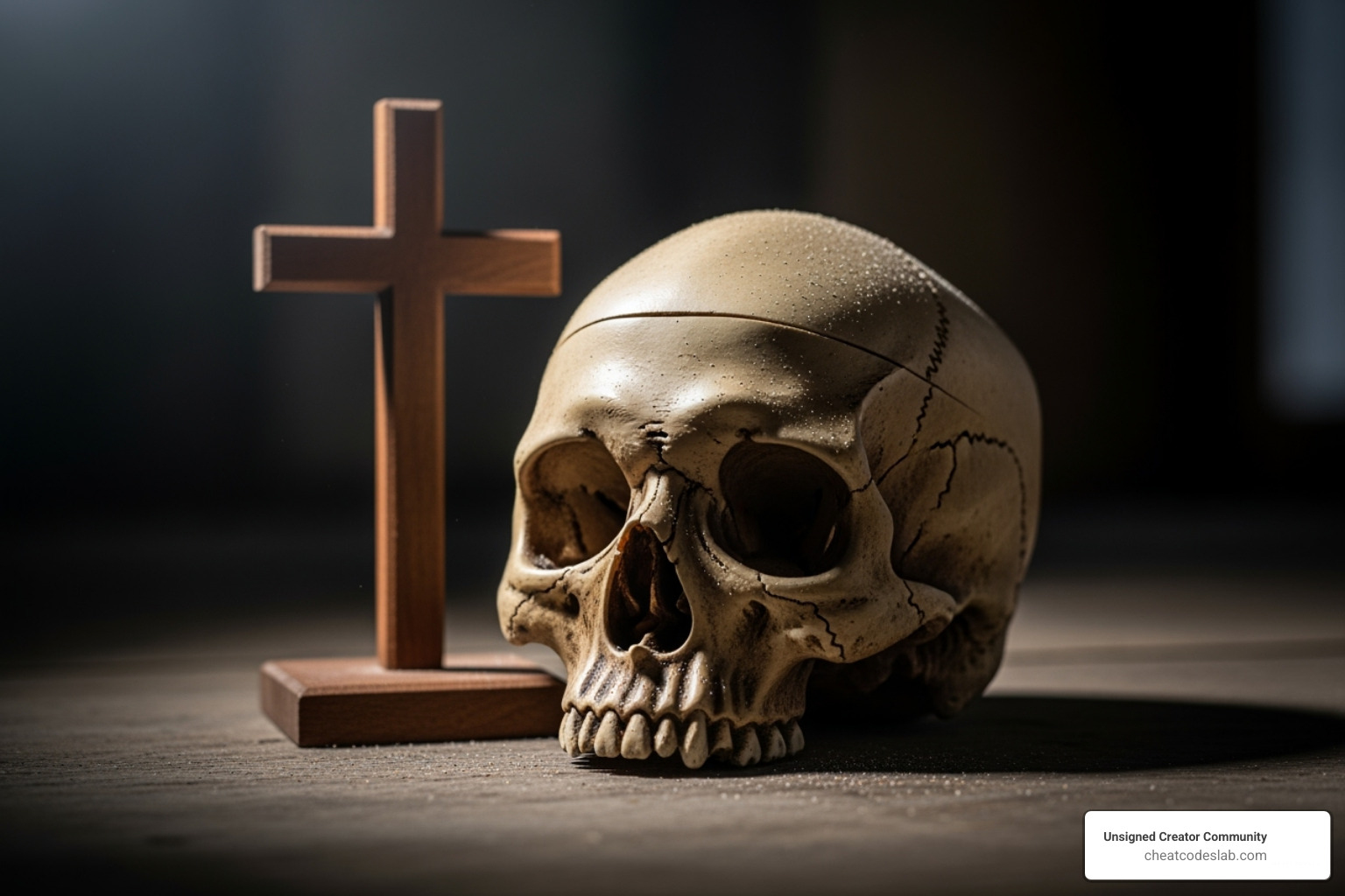 skull with a cross, representing 'memento mori' from both perspectives - stoicism and christianity