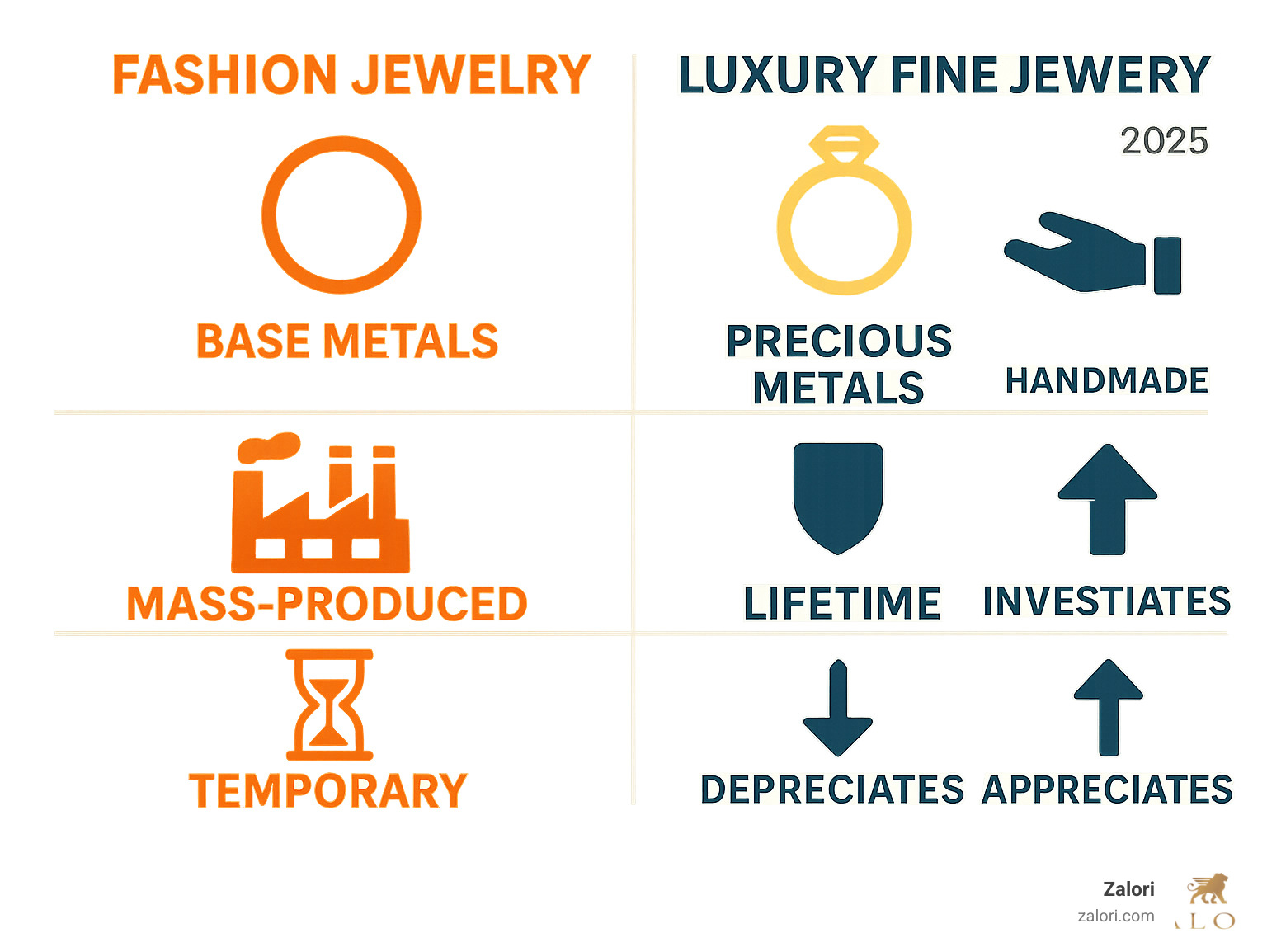 Infographic showing the comparison between fashion jewelry and luxury fine jewelry, highlighting differences in materials (base metals vs precious metals), craftsmanship (mass-produced vs handmade), durability (temporary vs lifetime), and investment value (depreciates vs appreciates) - Luxury men's jewelry infographic 