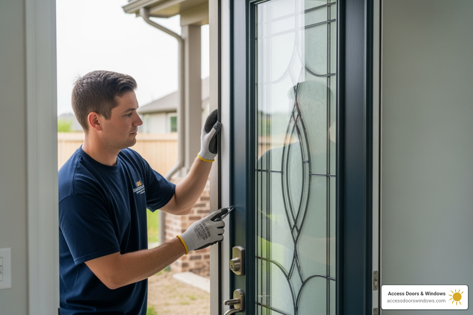 A skilled technician carefully installing an impact entry door, ensuring a perfect fit and seal - impact entry doors near me
