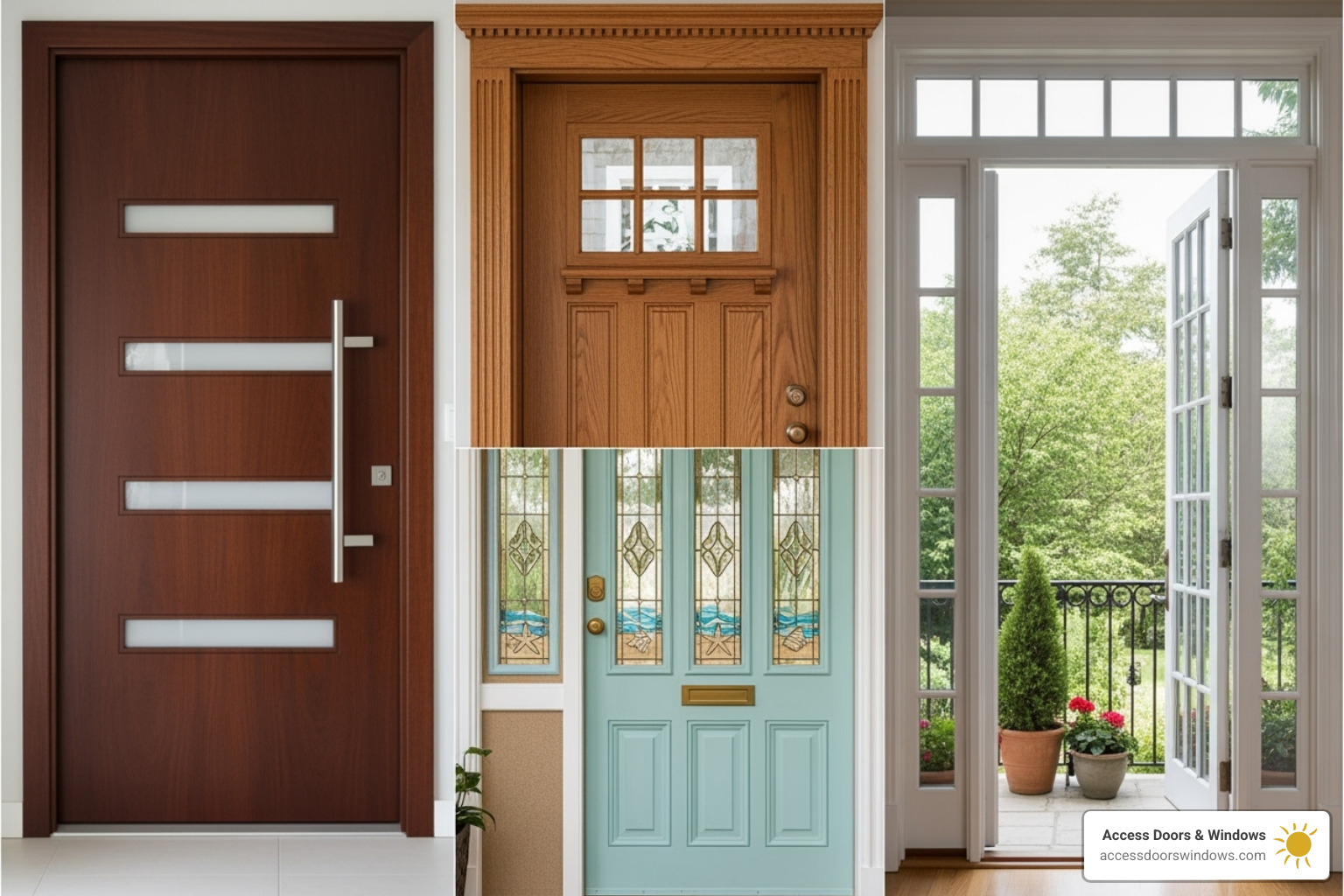 A collage of four different impact door styles: a sleek modern door, a traditional craftsman door, a coastal-themed door with glass inserts, and an neat French door leading to a patio. - impact entry doors near me