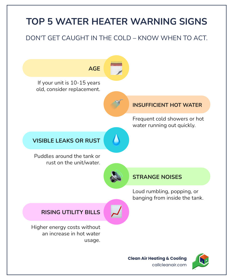 Infographic showing the top 5 warning signs of water heater failure including age over 10 years, insufficient hot water production, visible leaks or rust, strange noises like rumbling or popping, and rising utility bills without increased usage - water heater replacement mount vernon infographic infographic-line-5-steps-colors