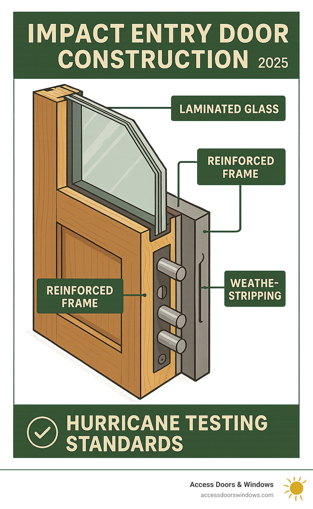 Detailed cross-section infographic showing impact entry door construction with laminated glass layers, reinforced frame, weatherstripping, multi-point locking system, and hurricane testing standards - impact entry doors near me infographic 