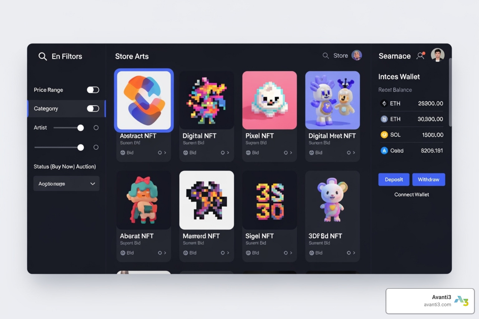 A user-friendly NFT marketplace dashboard showing a storefront, search filters, and wallet integration; - NFT marketplace solutions