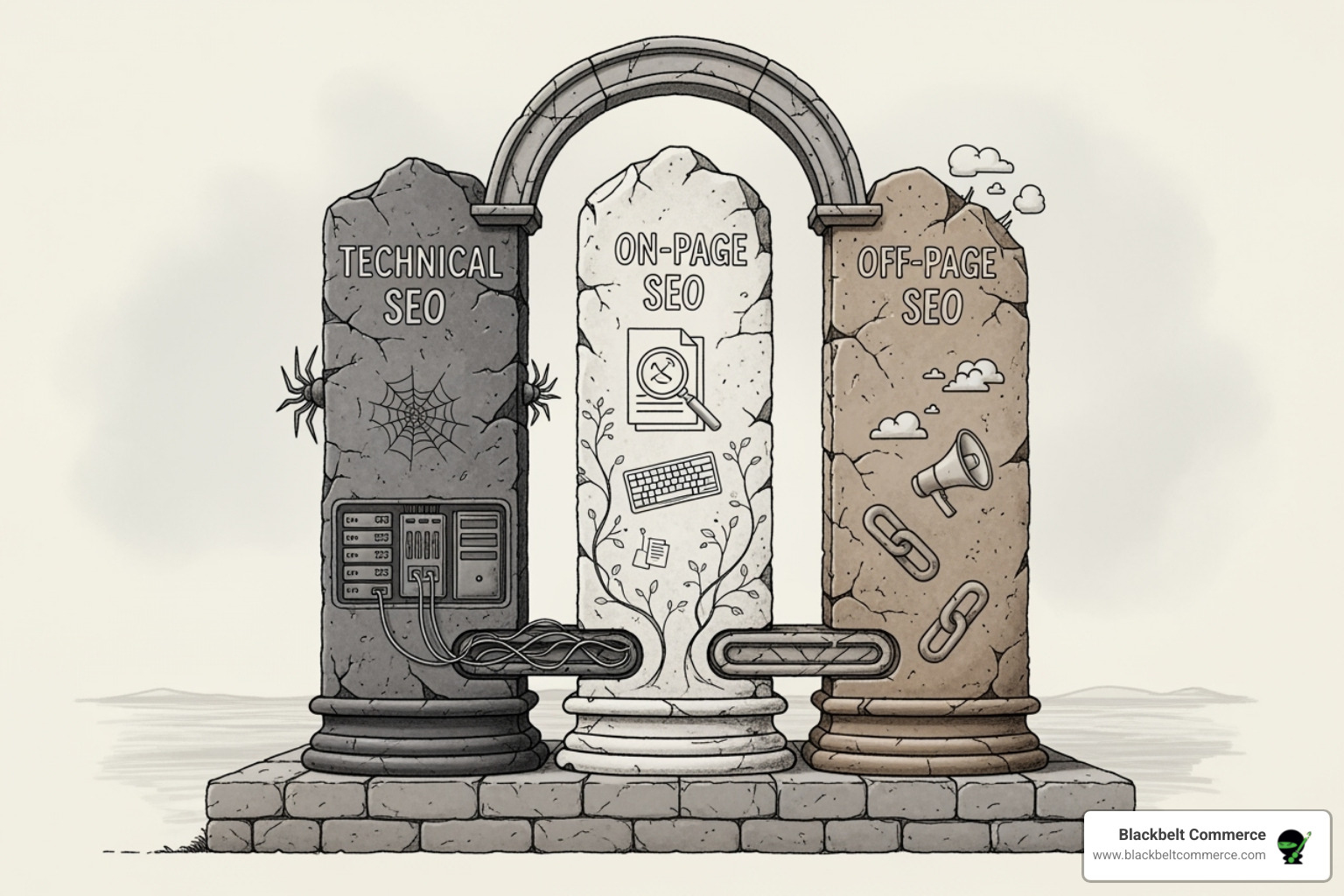 illustration of the three pillars of SEO (Technical, On-Page, Off-Page) - BigCommerce SEO services