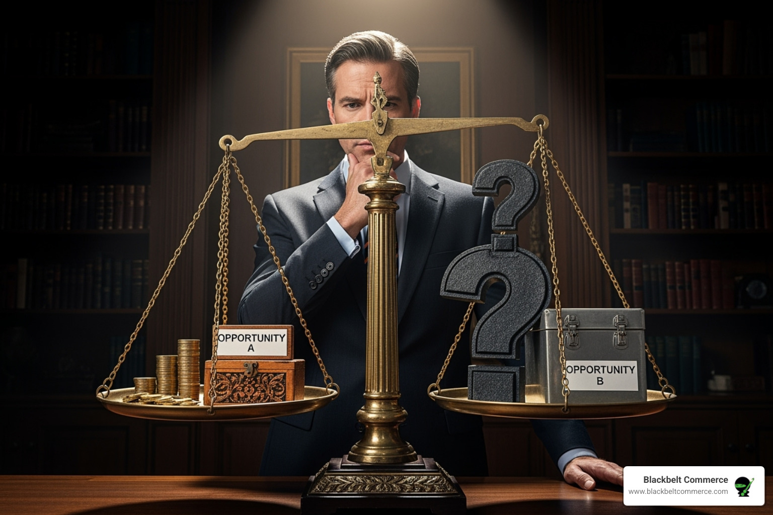 business owner weighing options on a scale - BigCommerce SEO services