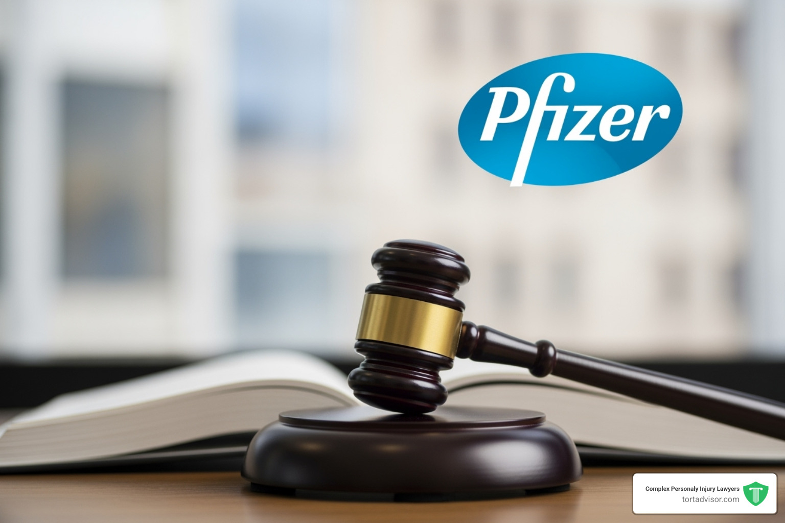 Gavel on a law book with the Pfizer logo in the background - Depo Provera lawsuit compensation