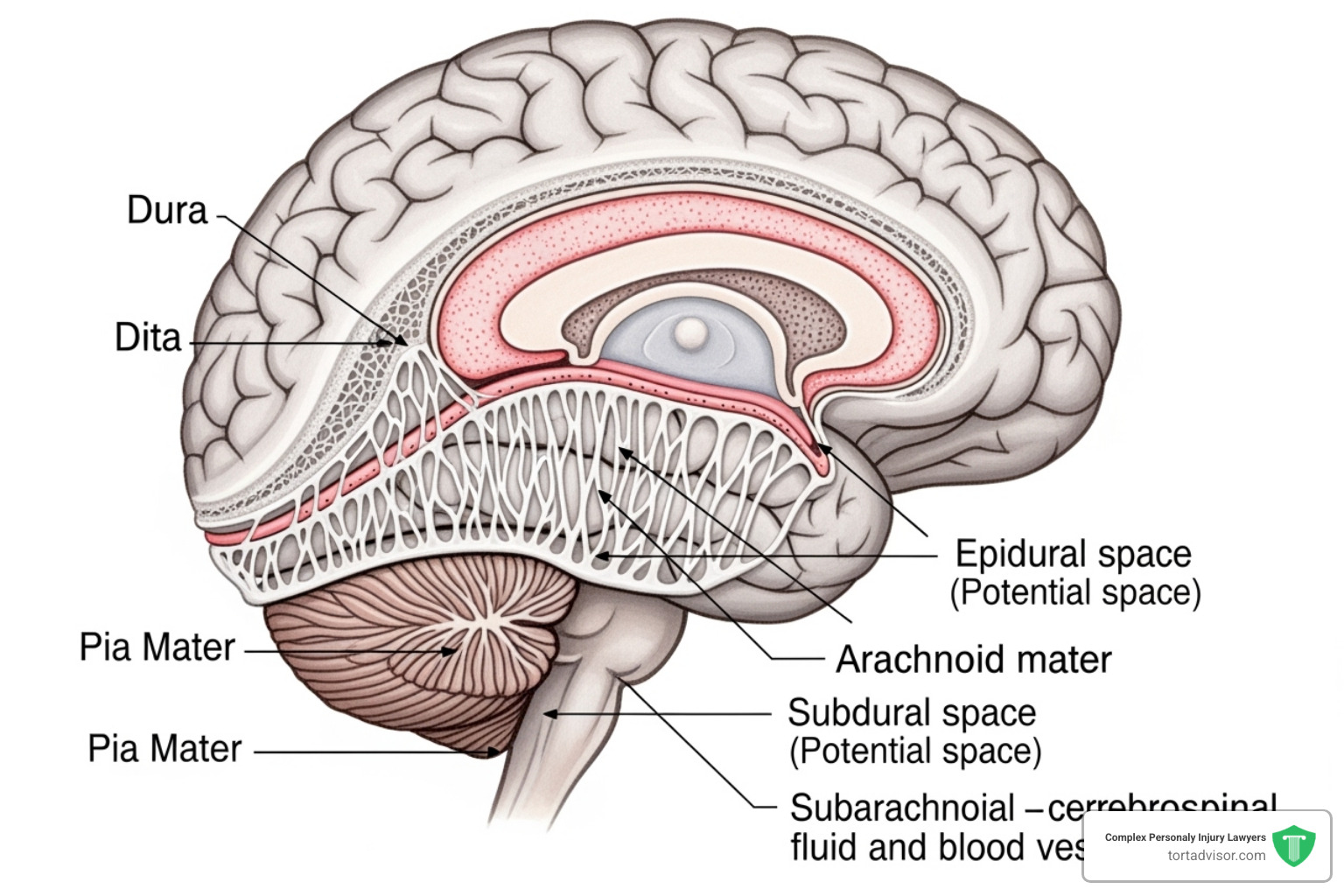 Medical illustration showing the location of the meninges around the brain - Depo Provera lawsuit compensation