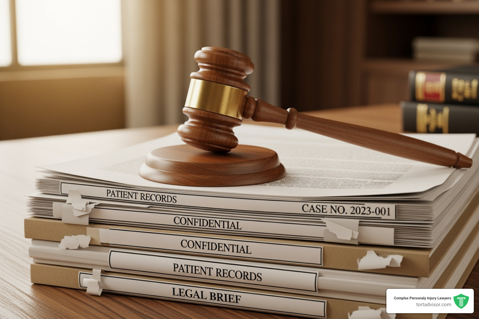 Gavel resting on a stack of medical files - Depo Provera injury lawyer