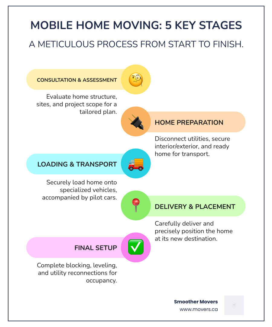 Infographic showing the 5 key stages of a mobile home move: Stage 1 - Initial consultation and site assessment, Stage 2 - Home preparation including utility disconnection and securing fixtures, Stage 3 - Loading and transport with pilot car escort, Stage 4 - Delivery and positioning at new site, Stage 5 - Final setup including blocking, leveling and utility reconnection - mobile home movers nanaimo infographic infographic-line-5-steps-colors
