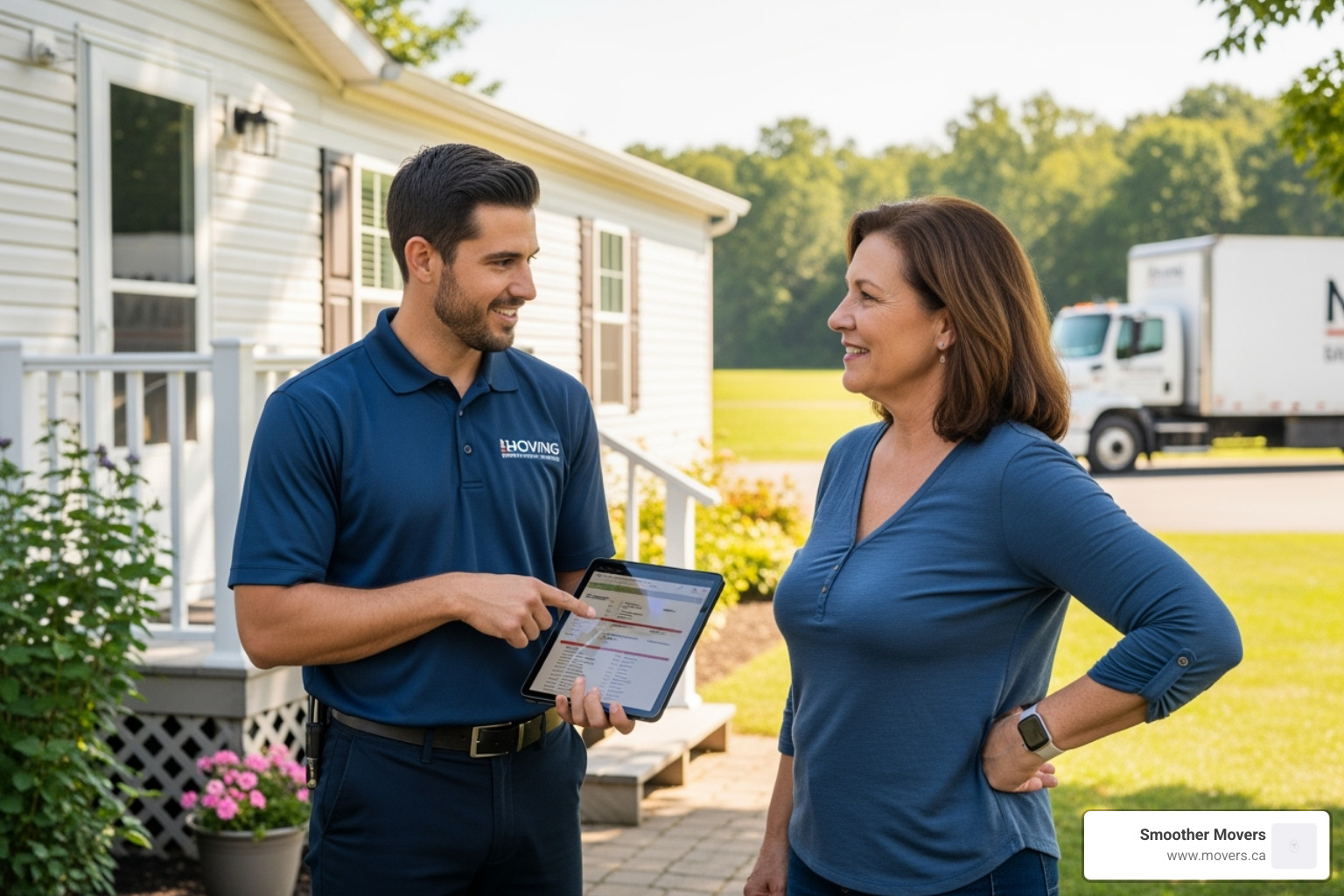 moving company representative discussing a plan with a homeowner in front of their mobile home - mobile home movers nanaimo