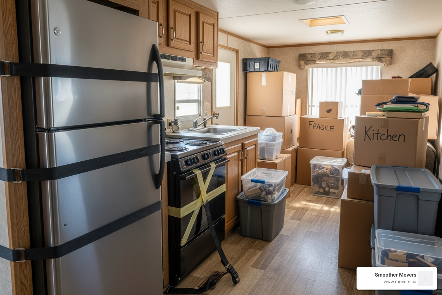 interior of a mobile home with appliances secured and items packed away - mobile home movers nanaimo