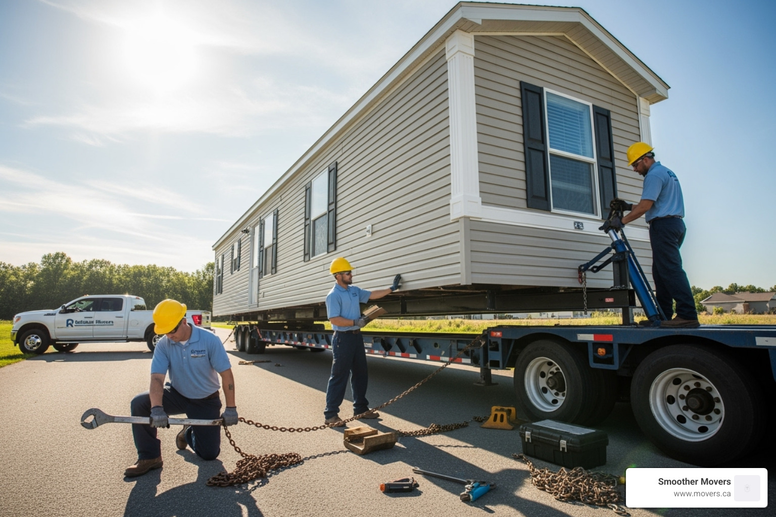 professional moving crew securing a mobile home onto a specialized transport vehicle - mobile home movers nanaimo