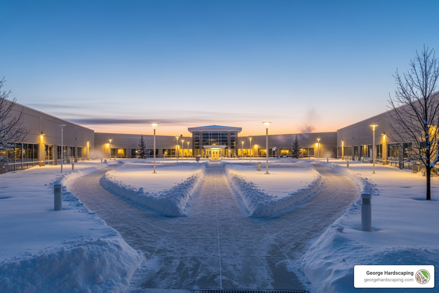 A commercial property at daybreak with clean, de-iced sidewalks, cleared curb cuts, and visible safety signage after an overnight snow event.