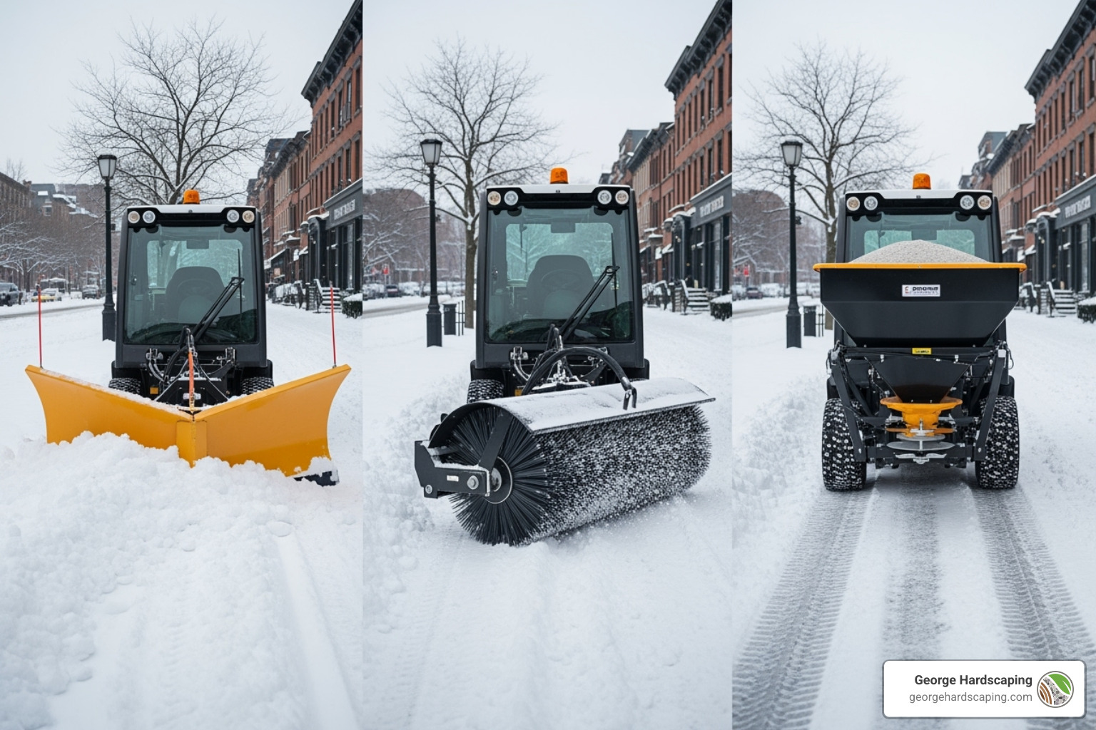 Collage of sidewalk-scale snow tools mounted on compact units: a V-plow with rubber edge, a power broom clearing light snow on pavers, and a drop spreader applying de-icer.