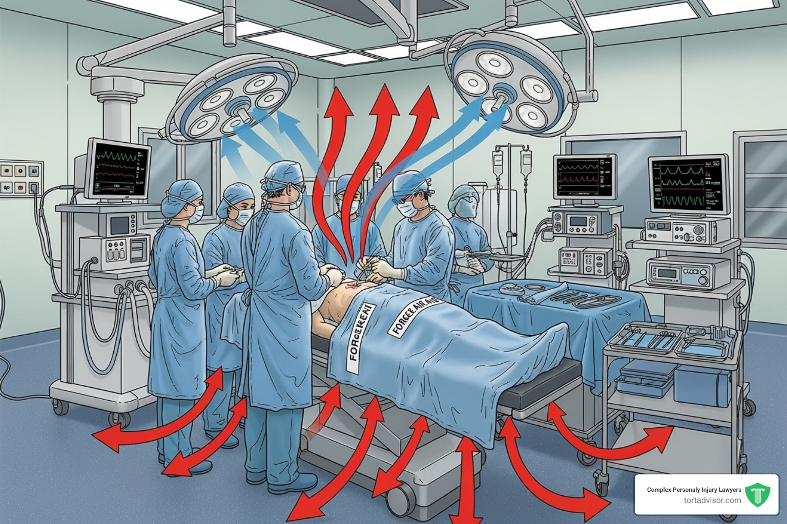 Illustration depicting the alleged disruption of ultra-clean airflow in an operating room by a forced-air warming blanket, showing how contaminated air from the floor may be circulated towards the surgical site. - bair hugger injury attorney