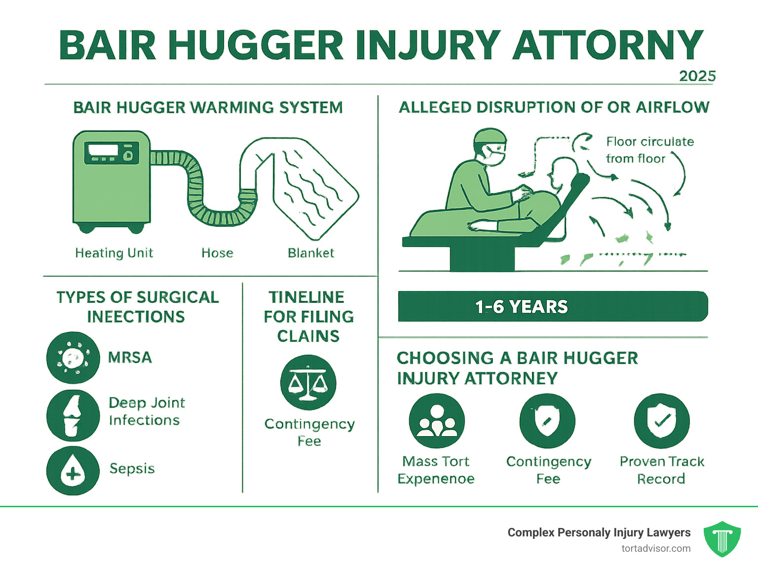 Comprehensive infographic showing the Bair Hugger warming system components (heating unit, hose, and blanket), how forced air circulation allegedly disrupts sterile operating room airflow patterns, the types of surgical infections reported (MRSA, deep joint infections, sepsis), timeline for filing claims, and key qualifications to look for when selecting a Bair Hugger injury attorney including mass tort experience, contingency fee structure, and proven track record with medical device cases - bair hugger injury attorney infographic 