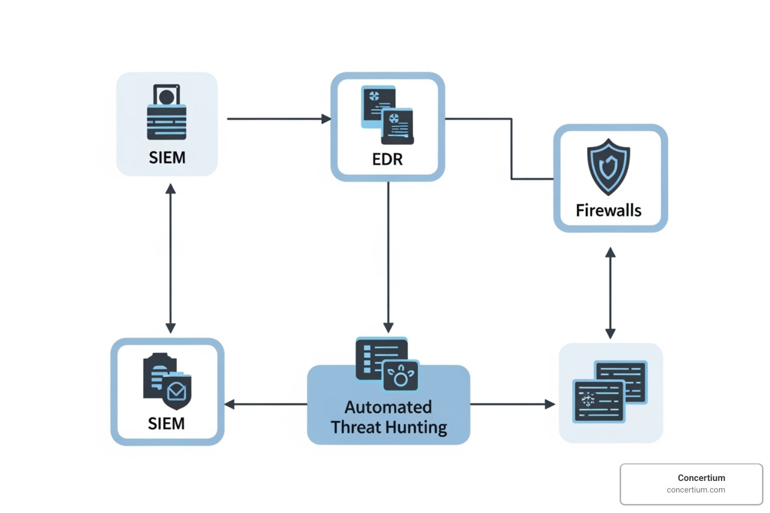 workflow of integration with SIEM, EDR, and firewalls - automated threat hunting