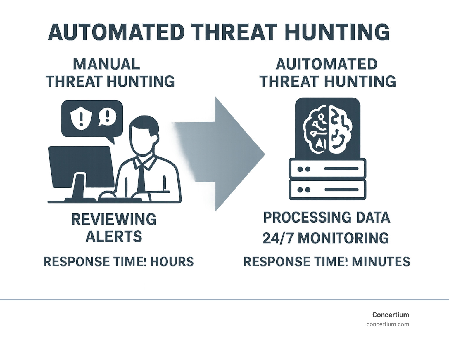 Infographic showing the evolution from manual threat hunting with human analysts reviewing alerts slowly, to automated threat hunting with AI engines processing data at machine speed, continuous 24/7 monitoring, and reduced response times from hours to minutes - automated threat hunting infographic 