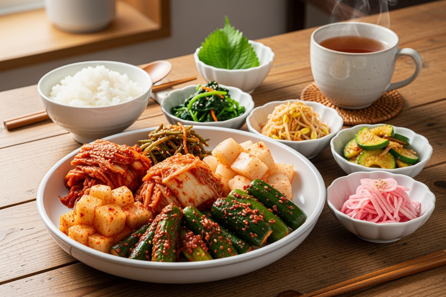 A healthy Korean meal including colorful kimchi, roasted barley tea, and various fresh vegetables, representing a skin-friendly diet - korean beauty tips for clear skin