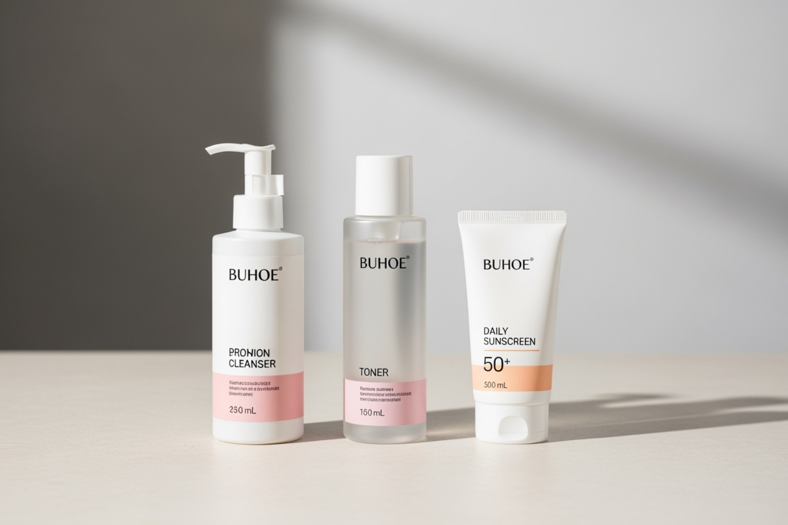 Skincare products arranged neatly, including a cleanser, toner, and sunscreen, symbolizing a structured routine - korean beauty tips for clear skin