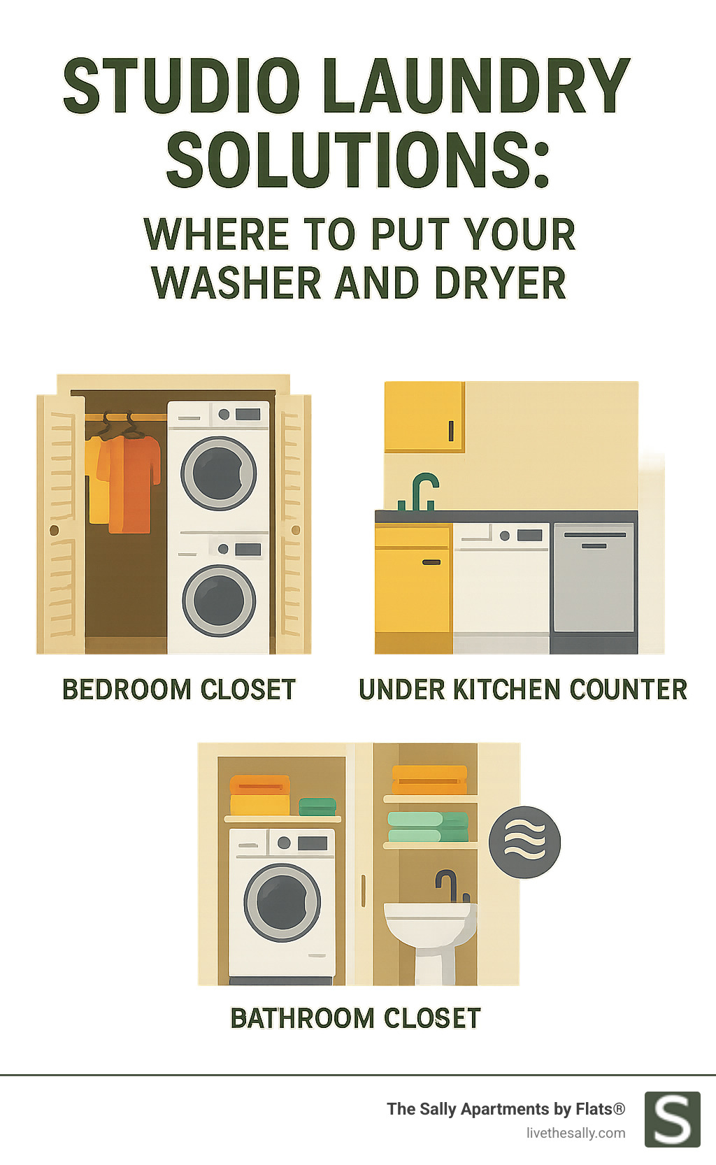 Infographic showing three popular studio laundry placement options: washer-dryer stacked in a bedroom closet with bi-fold doors, combination unit under kitchen counter next to dishwasher, and stackable units in bathroom linen closet with proper ventilation - studio apartment with laundry infographic Infographic showing three popular studio laundry placement options: washer-dryer stacked in a bedroom closet with bi-fold doors, combination unit under kitchen counter next to dishwasher, and stackable units in bathroom linen closet with proper ventilation - studio apartment with laundry infographic