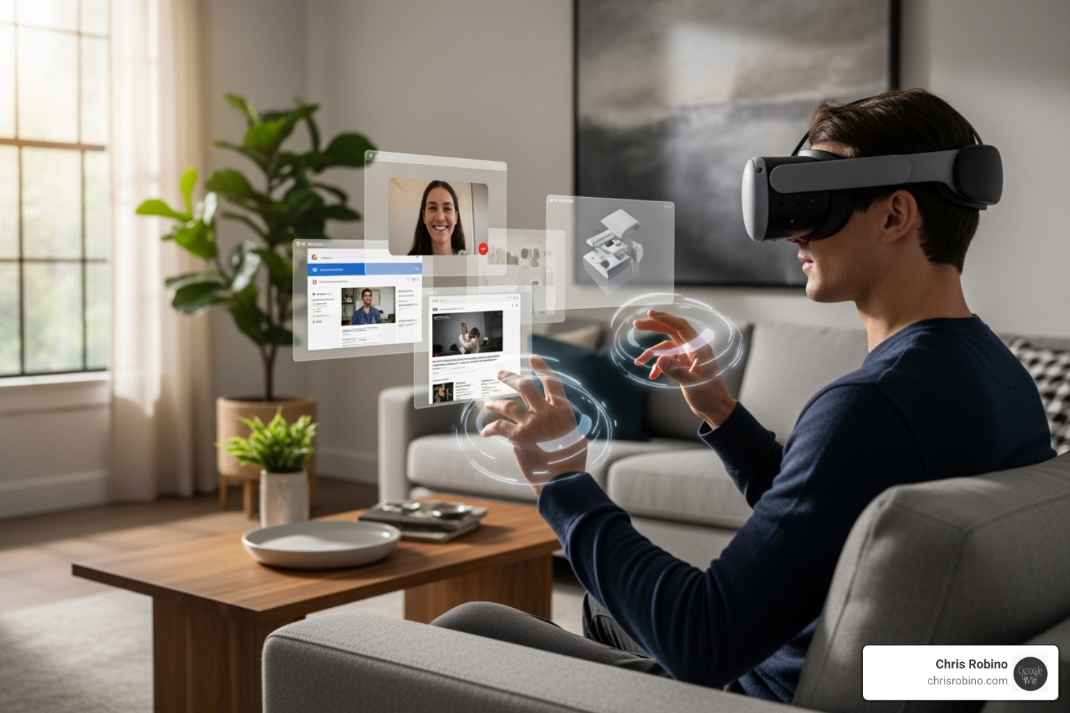 person wearing Apple Vision Pro in living room - new tech 2024