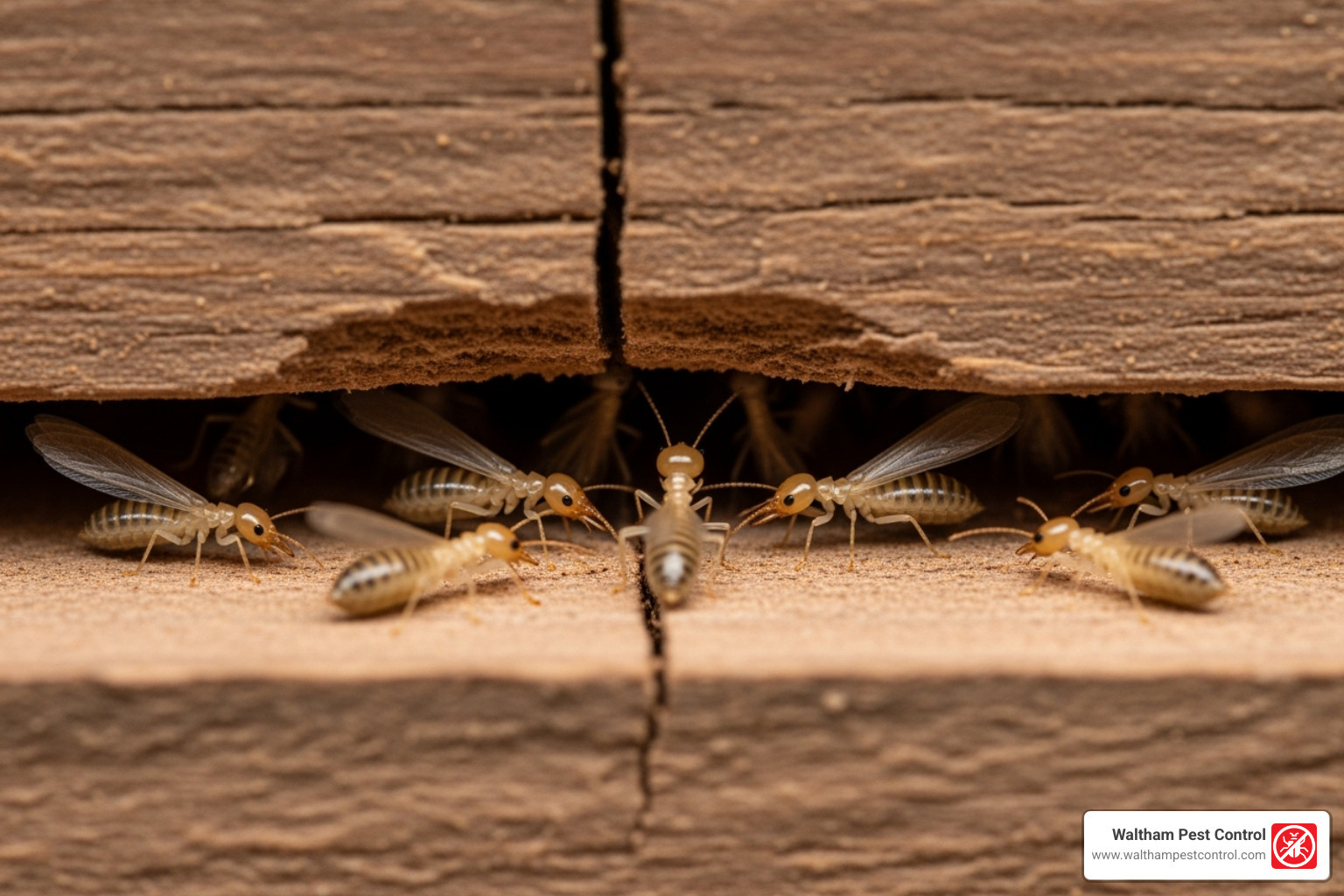 Termite swarmers emerging from a wooden beam - termite swarming season Termite swarmers emerging from a wooden beam - termite swarming season