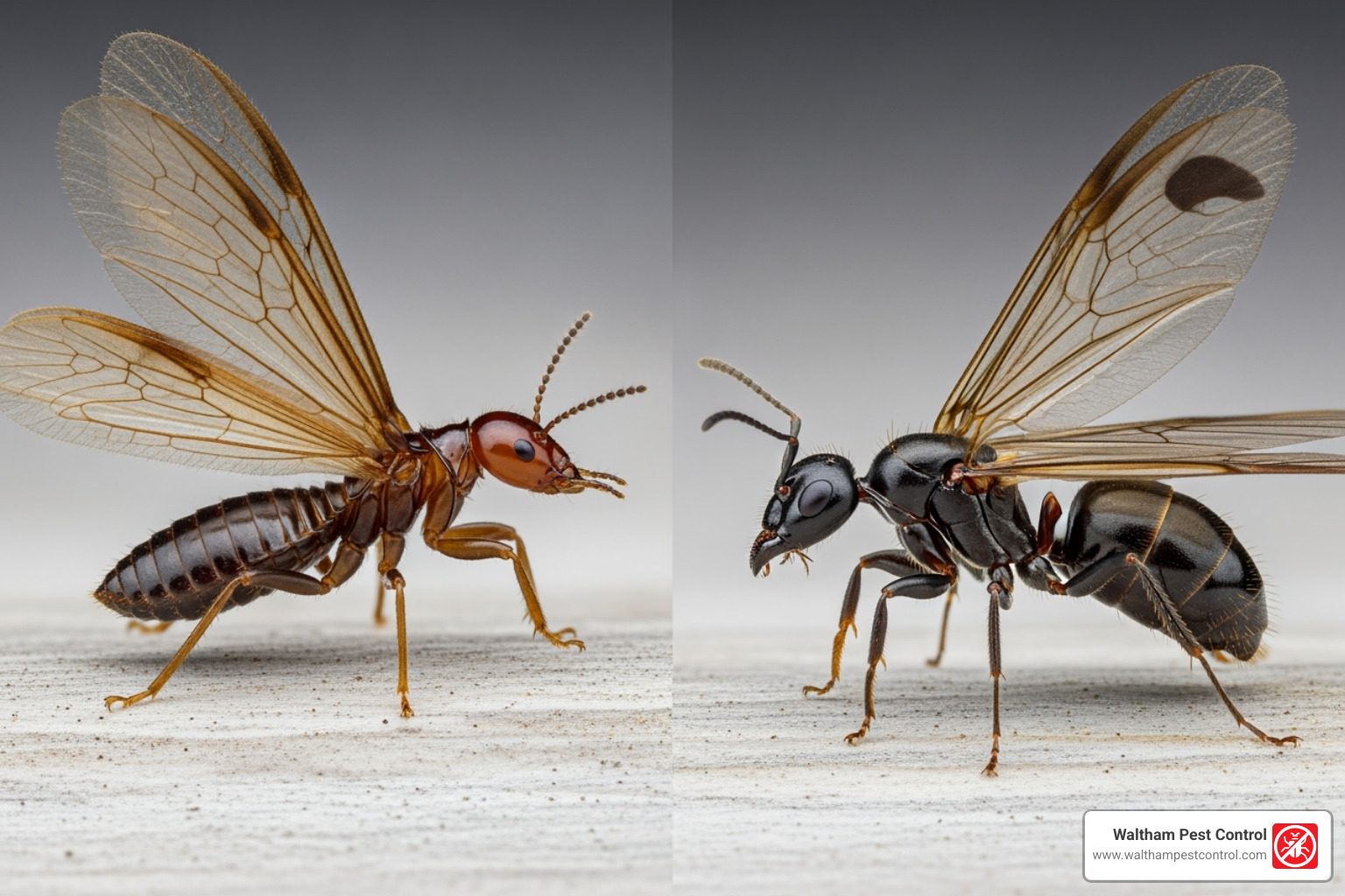 Termite swarmer next to a flying ant for comparison - termite swarming season Termite swarmer next to a flying ant for comparison - termite swarming season