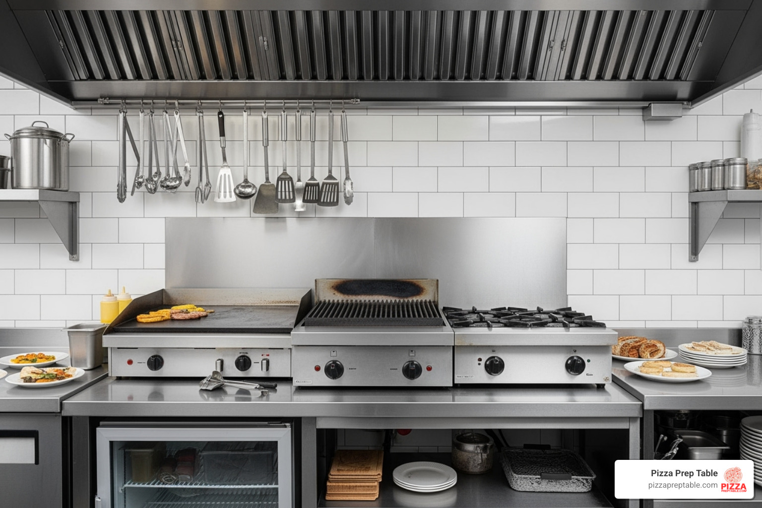 compact commercial kitchen line with a 24-inch charbroiler neatly fitted in - 24 inch charbroiler