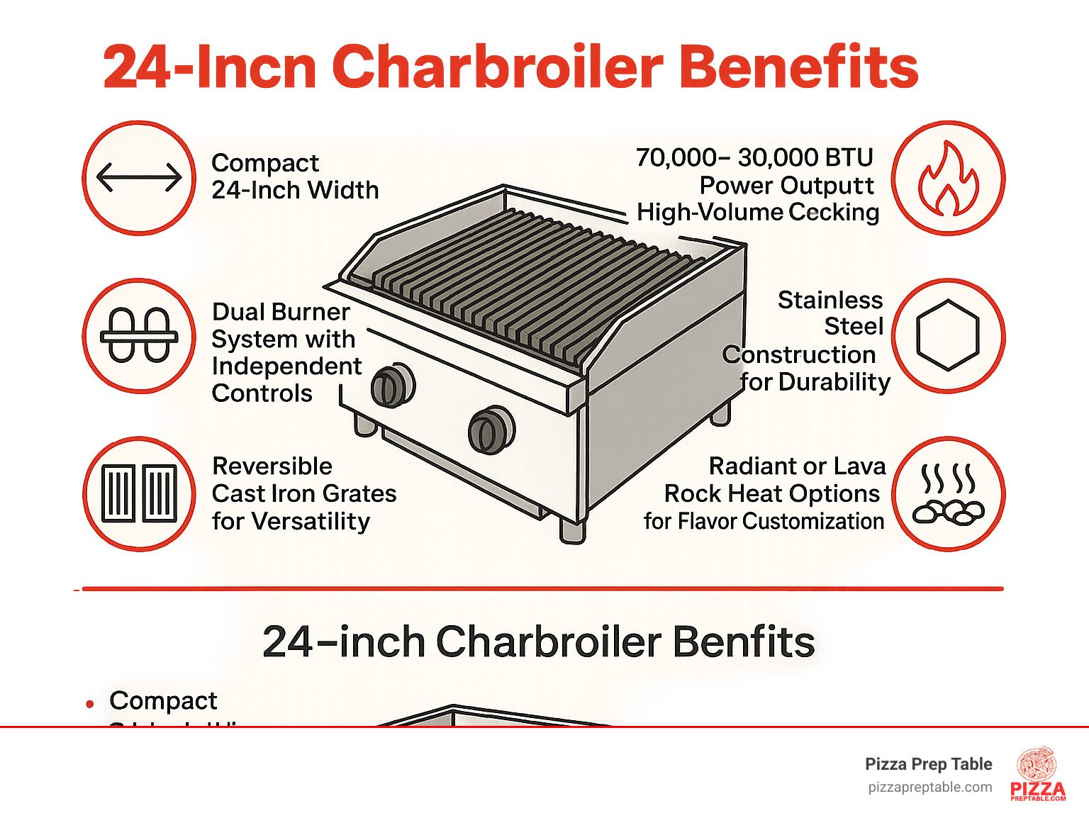 Infographic showing 24-inch charbroiler benefits: compact 24-inch width fits tight spaces, 70,000-80,000 BTU power output for high-volume cooking, dual burner system with independent controls, stainless steel construction for durability, reversible cast iron grates for versatility, and radiant or lava rock heat options for flavor customization - 24 inch charbroiler infographic 