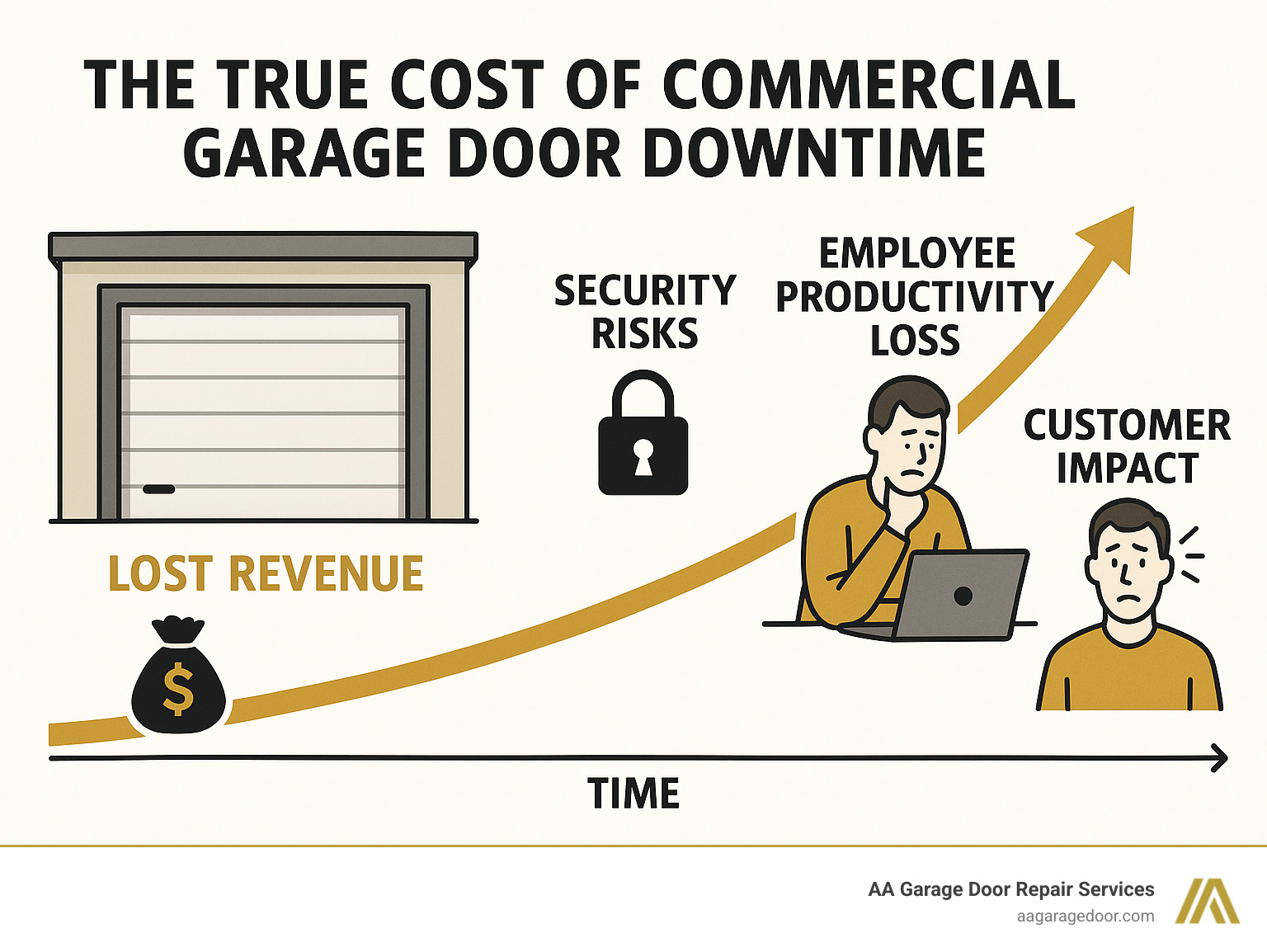 Infographic showing the true cost of commercial garage door downtime including lost revenue, security risks, employee productivity loss, and customer impact over time - 24 hour commercial garage door repair infographic 