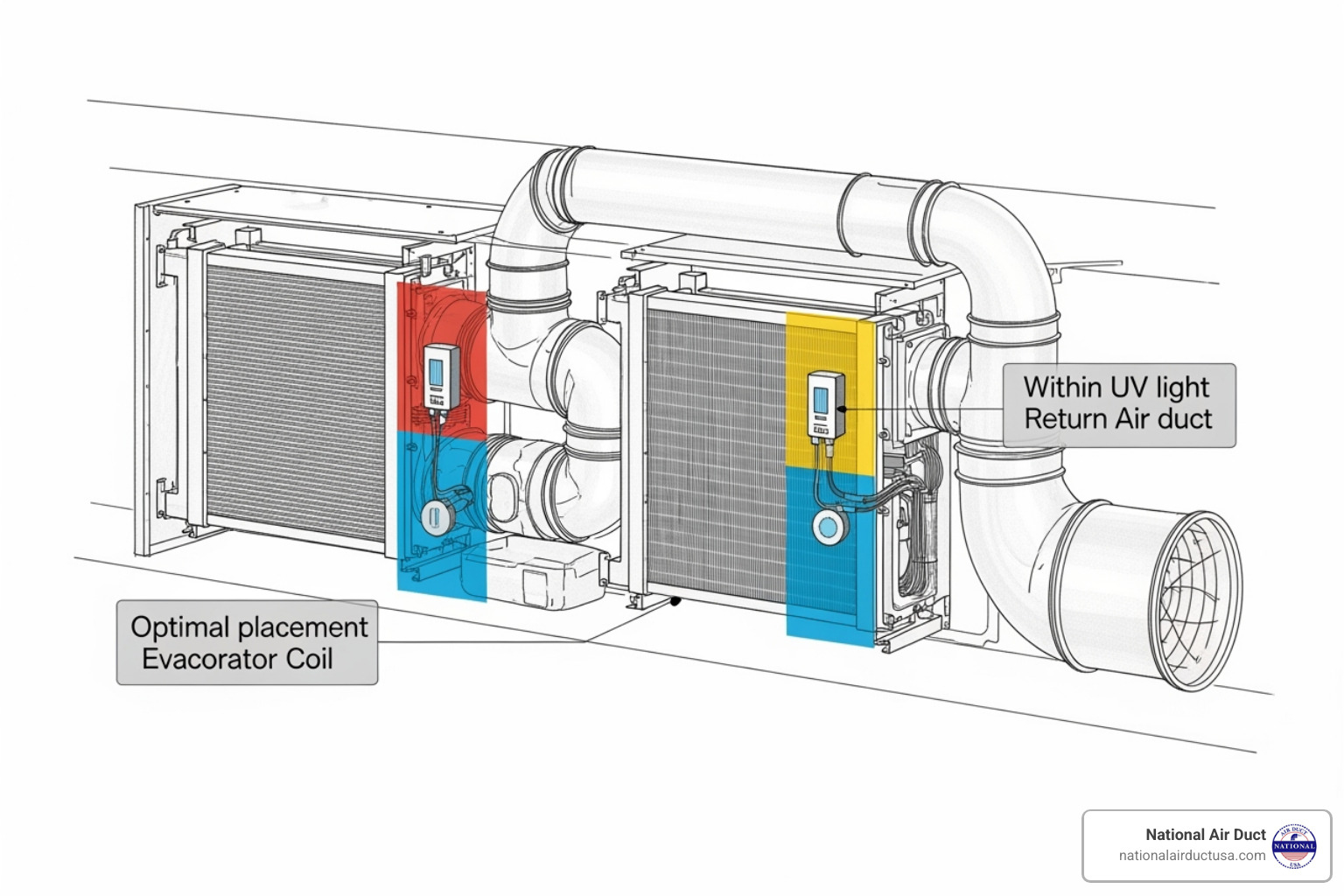 diagram showing the best locations to install a UV light, near the evaporator coil and in the return air duct - installing uv light in hvac