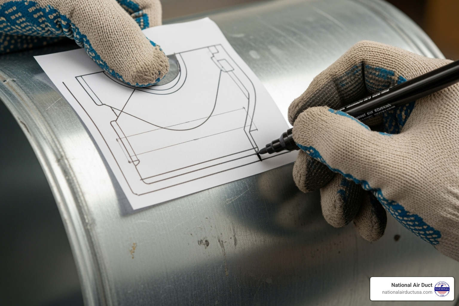 hand using a template to mark the ductwork - installing uv light in hvac