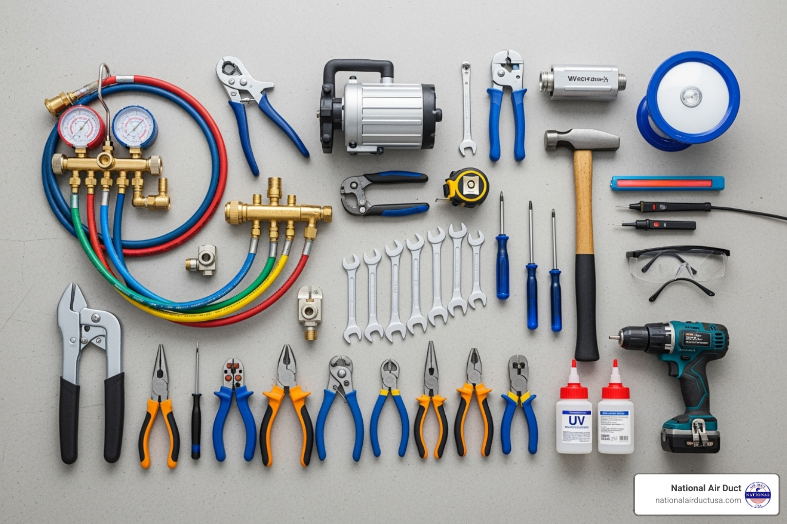 necessary tools and a UV light kit laid out neatly - installing uv light in hvac