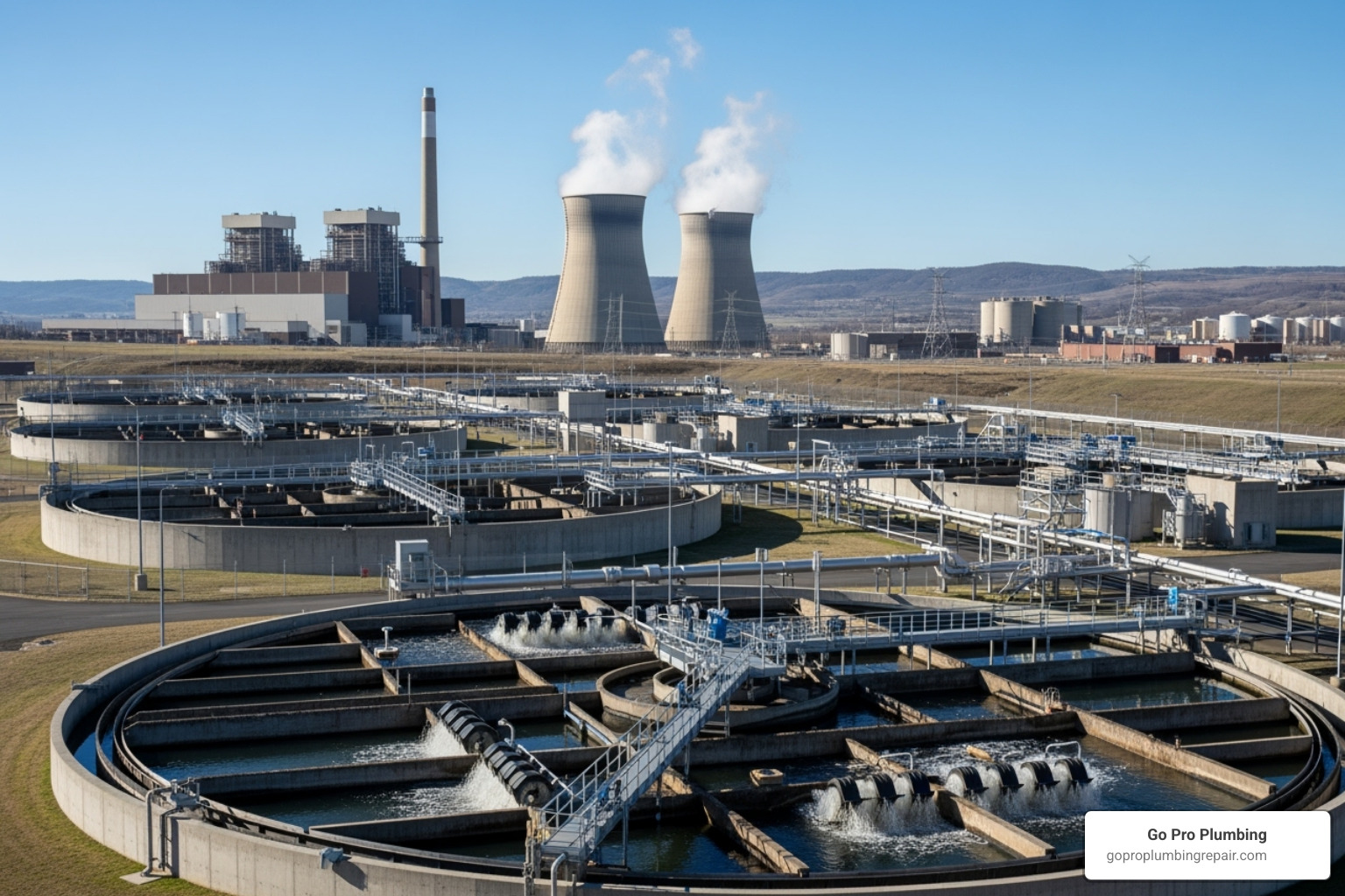 Water treatment plant with power plant in background - water conservation environmental benefits