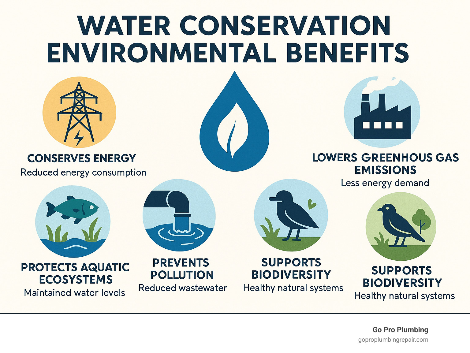 Comprehensive infographic showing water conservation environmental benefits including reduced energy consumption, lower greenhouse gas emissions, protection of aquatic ecosystems, prevention of water pollution, and support for biodiversity through maintaining natural water cycles - water conservation environmental benefits infographic 