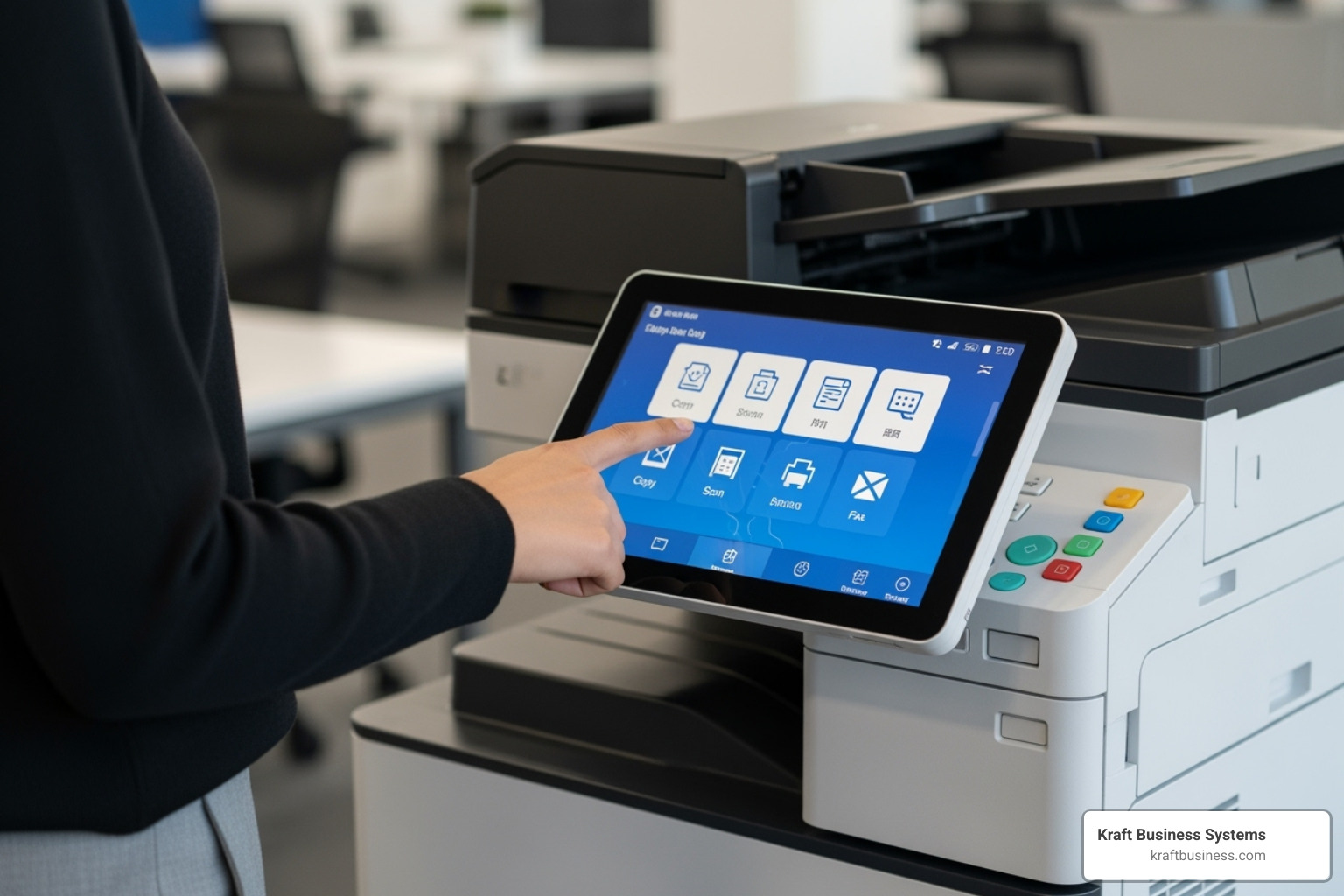 User interacting with a large touchscreen on a multifunction printer - All-in-one printer lease