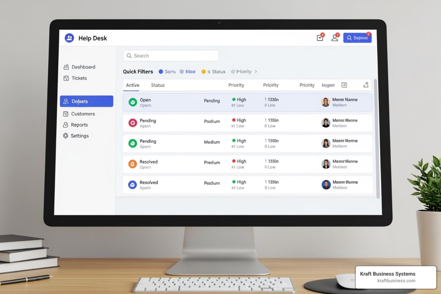 Clean and organized help desk software dashboard showing active tickets and agent assignments - managed service provider help desk software