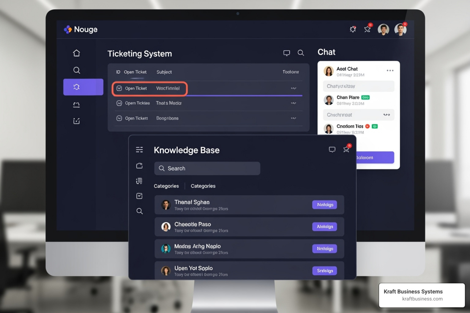 Illustration showing how different features like ticketing, chat, and knowledge base integrate seamlessly on one screen - managed service provider help desk software